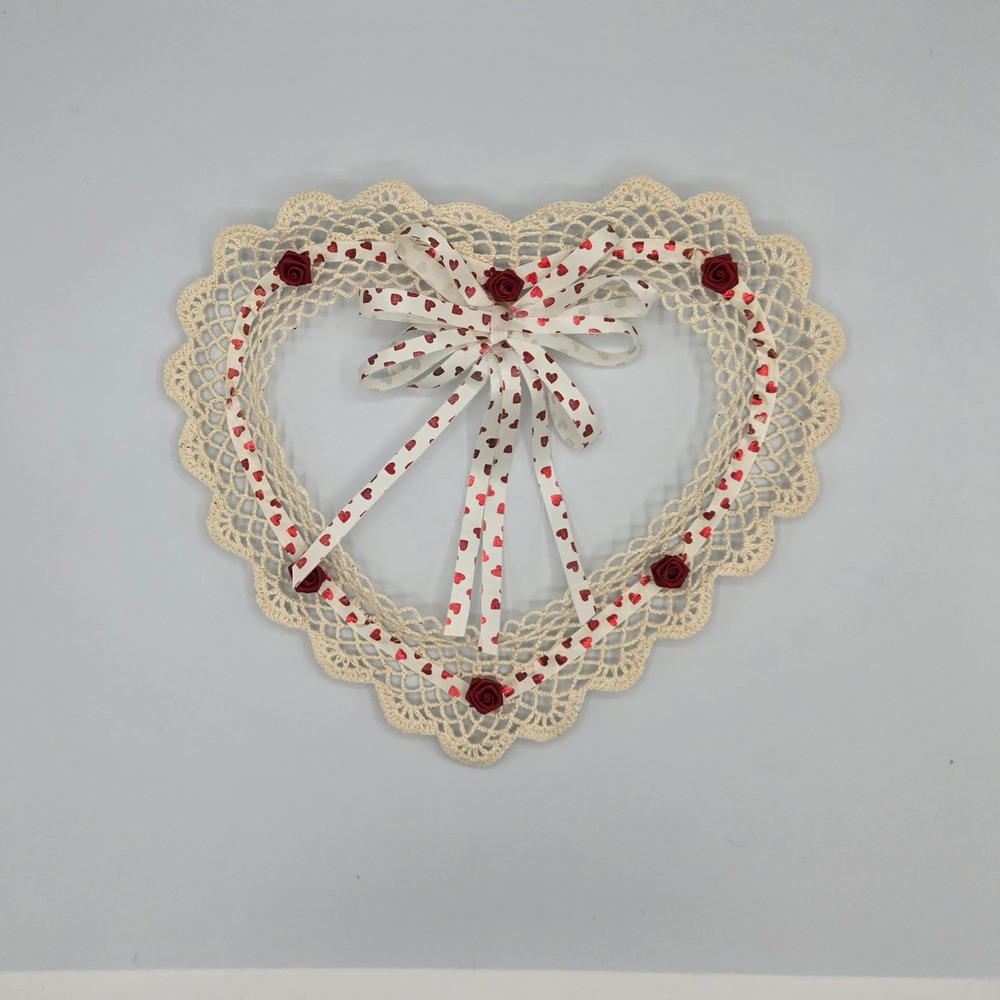 Handmade Crochet Heart Wreath Valentine Home Decor Red Roses‎ Ribbon